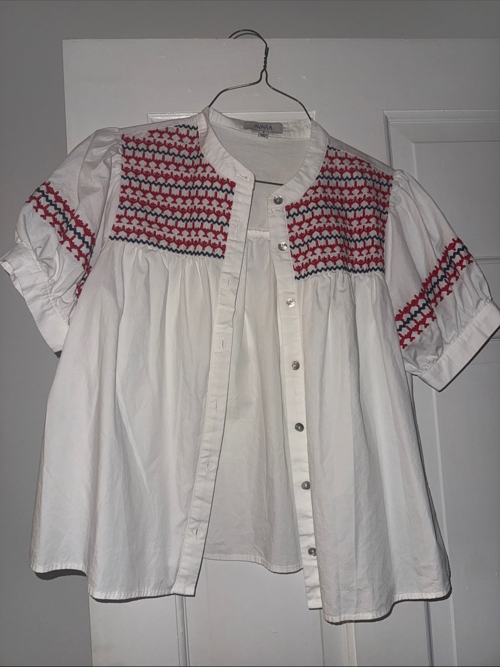 Smocked White Short-Sleeve Blouse with Red Trim